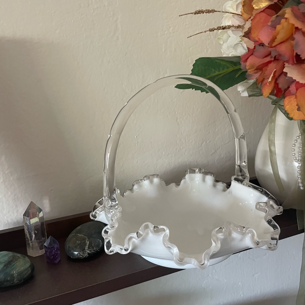 Fenton White Milk Glass Basket with Clear Handle